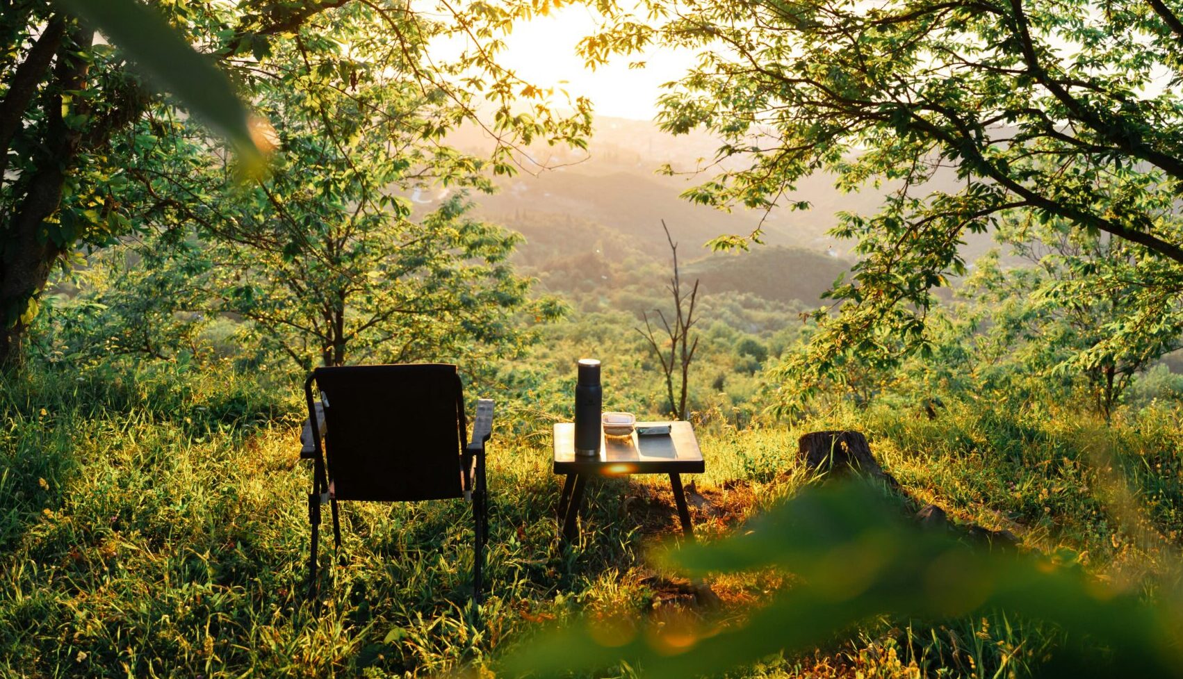 Sunlit outdoor desk and chair set amid lush greenery, perfect for peaceful remote work.